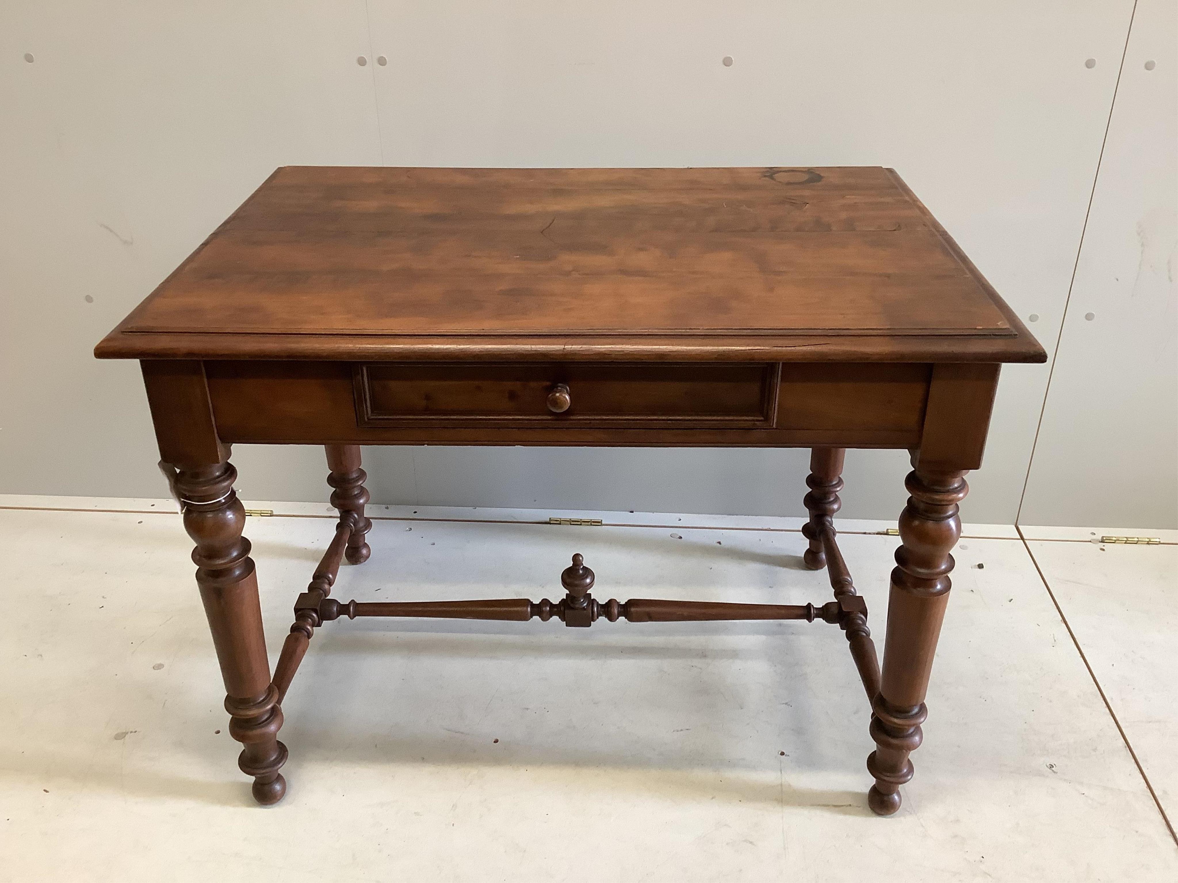 A rectangular hardwood single drawer side table, width 100cm, depth 70cm, height 76cm. Condition - fair